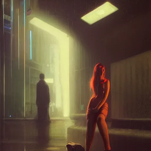 Prompt: detailed portrait of a woman, moment, cyberpunk cloisters, electronic billboards, tech noir, wet reflections, atmospheric, ambient, livia prima, greg rutkowski, edward hopper, pj crook