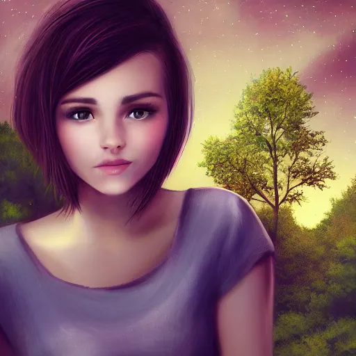 Prompt: an hd portrait photo of a cute young woman with short brown hair and green eyes, beautiful trees in the background, night sky with stars and galaxies, trending on artstation