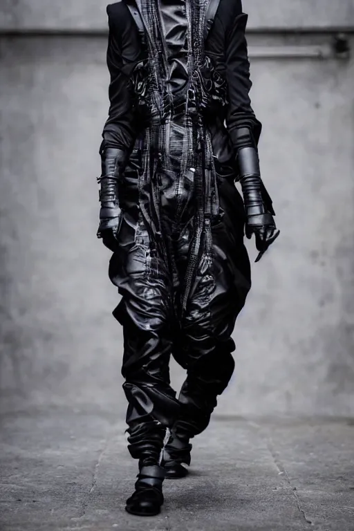 Image similar to beautiful androgynous high fashion avant garde techwear look and clothes, we can see them from feet to head, highly detailed and intricate, hypermaximalist, luxury, cinematic, rick owens, yohji yamamoto, y 3, outfit photo, trending on r / streetwear