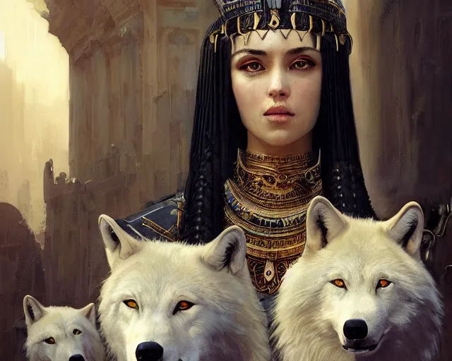 Image similar to 5 5 mm portrait photo of sensual cleopatra with her pet white wolves. magical atmosphere. art by greg rutkowski. highly detailed 8 k. intricate. lifelike. soft light. ilya kuvshinov and jeremy lipking and quentin mabille, light novel cover art, 3 d epic illustrations, symmetric body,