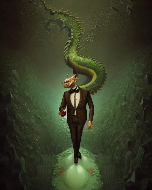 Image similar to anthropomorphic art of a businessman dragon, green dragon, portrait, victorian inspired clothing by artgerm, victo ngai, ryohei hase, artstation. fractal papers and books. highly detailed digital painting, smooth, global illumination, fantasy art by greg rutkowsky, karl spitzweg