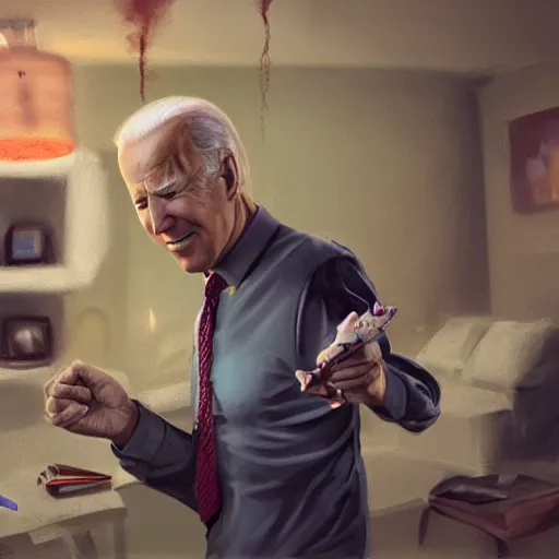 Image similar to joe biden rolling a joint in a messed up apartment, stoned eyes, smoke, beautiful digital art, amazing detail, artstation, award winning, sharp