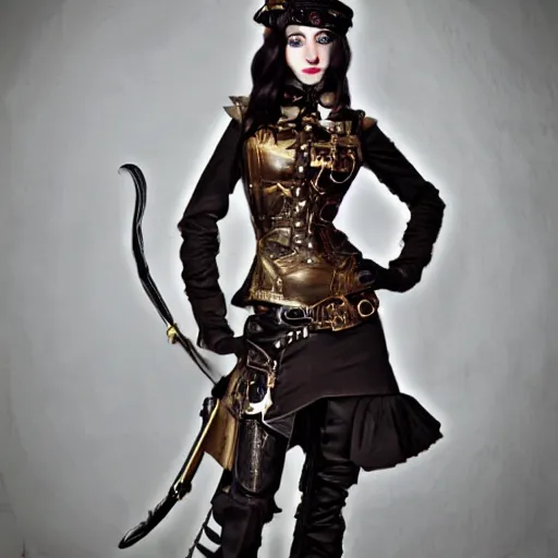 Image similar to full body photo of a skinny female steampunk warrior