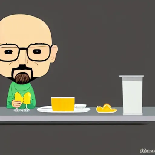 Image similar to baby Walter White doing breakfast, cartoon style,