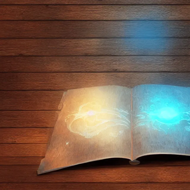 Image similar to a glowing open book laying on a wooden desk, fantasy concept art, fantasy book cover, highly detailed, intricate drawing