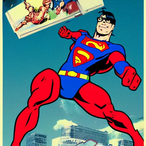 Image similar to Velma uppercutting Superman, comic book, high action, concept art
