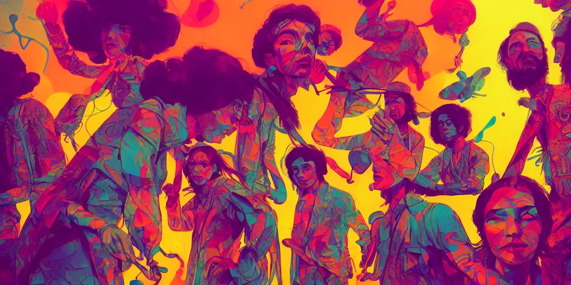 Prompt: duotone trippy 1 9 6 0 s lsd concept illustration of psychedelic hippy musicians. volumetric lighting. golden ratio accidental renaissance. by sachin teng and sergey kolesov and ruan jia and heng z. graffiti art, scifi, fantasy, hyper detailed. octane render. concept art. trending on artstation.