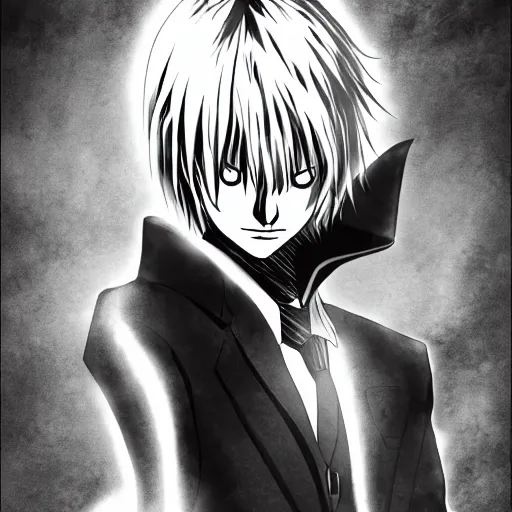 Prompt: light yagami from death note wearing a black suit, dark lighting, sinister, anime, 4k, professional anime artwork,