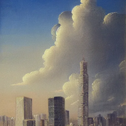 Prompt: classicism painting of a gleaming skyscraper, cityscape, wispy clouds, Tokyo