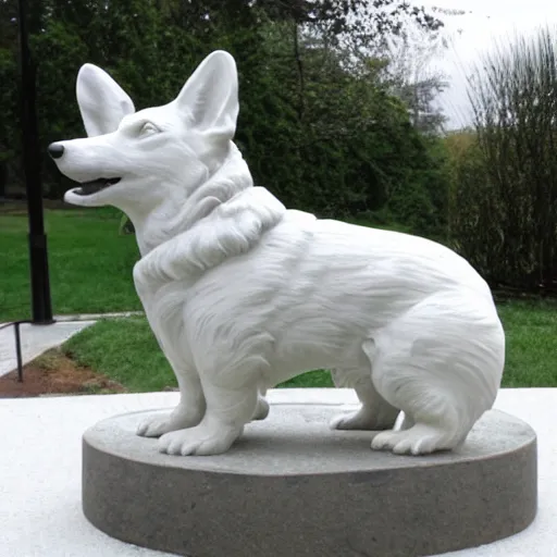 Prompt: white sculpture of standing corgi by Rodin