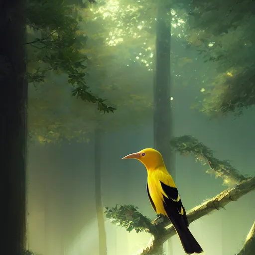 Image similar to golden oriole in avila pinewood, 4 k, concept art, by wlop, ilya kuvshinov, artgerm, krenz cushart, greg rutkowski, pixiv. cinematic dramatic atmosphere, sharp focus, volumetric lighting, cinematic lighting, studio quality