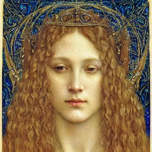 Prompt: detailed realistic beautiful young medieval queen face portrait by jean delville, art nouveau, symbolist, visionary, gothic, pre - raphaelite