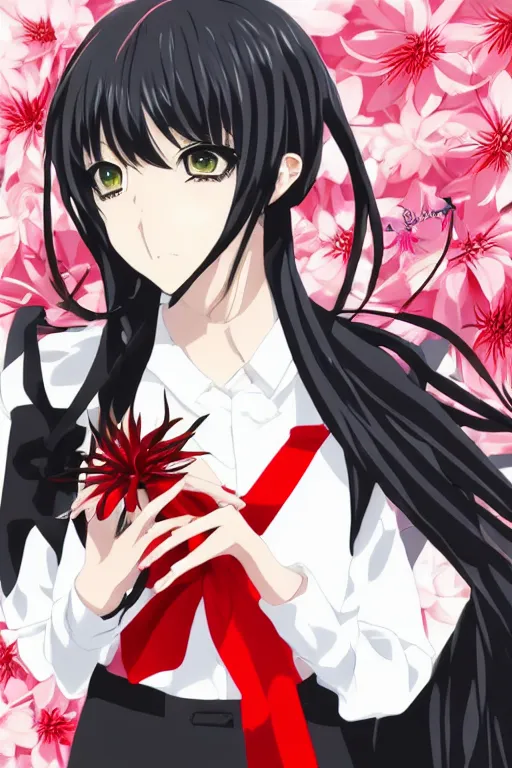 Image similar to Key anime visual of a beautiful girl with black hair and red eyes holding a spider lily; wearing white blouse with black tie; trending on Pixiv; digital art