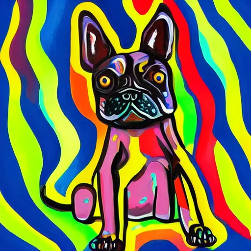 Image similar to a cute dog. the painting is very colorful and expressive, using a lot of black space which makes the characters and scenes pop out. unique way of using line work and color to create a sense of movement and energy. has a dreamlike quality and includes elements of nature.