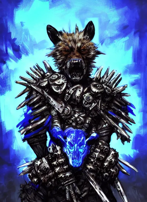 Prompt: Portrait of a gnoll warrior with a armour made of bones, emanating with blue aura, vibrant colours, chosen one. In style of Yoji Shinkawa and Hyung-tae Kim, trending on ArtStation, dark fantasy, great composition, concept art, highly detailed, dynamic pose.