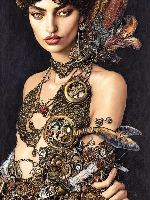 Image similar to a steampunk portrait of Irina Shayk,embellished sequined,feather-adorned,by tom bagshaw,Cedric Peyravernay,Peter Mohrbacher,William Holman Hunt,William Morris,Catherine Nolin,metropolis,Gucci,Dior,trending on pinterest,maximalist,glittering,feminine