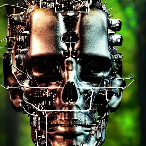 Image similar to super detailed portrait of a terminator's head, packed with cybernetics and and borg enhancements. In a forest with bokeh. Lots of Gears visible. Vegetation id growing out of it