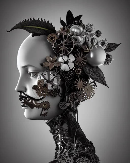 Prompt: monochrome 3 d model, floral steampunk biomechanical beautiful young female cyborg with porcelain profile face and a techno eye, volumetric light, leaves foliage and stems, hibiscus flowers, boho floral vines, sinuous fine roots, fine foliage lace, alexander mcqueen, rim light, gothic fashion pearl embroidered collar, octane render, bw, 8 k