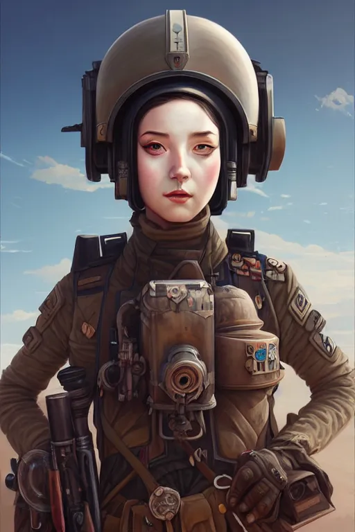 Image similar to portrait of dieselpunk blackpink jisoo soldier girl, helmet, desert, armored, highly detailed, digital painting, face detail, sharp focus, art, illustrations by loish and ayanamikodon and irakli nadar and rossdraws and wlop