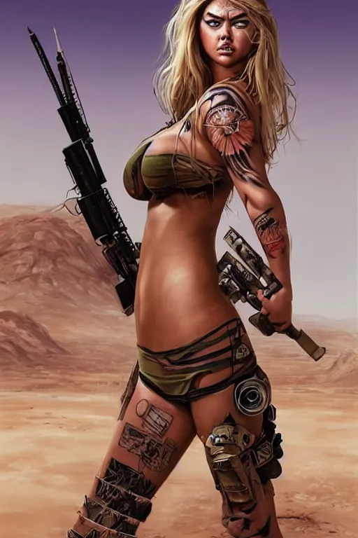 Image similar to gorgeous!! hyper - realistic woman resembling kate upton as a post - apocalyptic warrior girl with tattoos & tribal face paint, bikini + tattered military gear, holding a rocket launcher!!! standing in the desert next to a military vehicle | drawn by wlop, drawn by jeehyung lee, drawn by artgerm | smooth, sharp focus, intricate