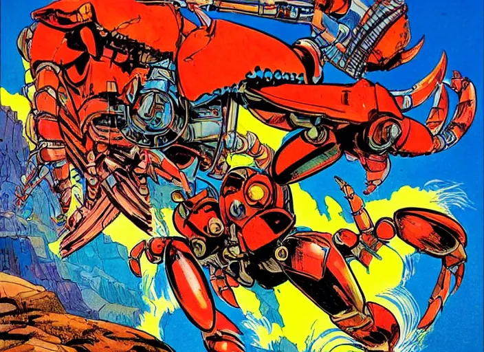 Image similar to comic book cover of a giant mechanical crab at the grand canyon by jack kirby!!! and simon bisley, epic, awesome bright color palette, hard contrast, black ink outlines