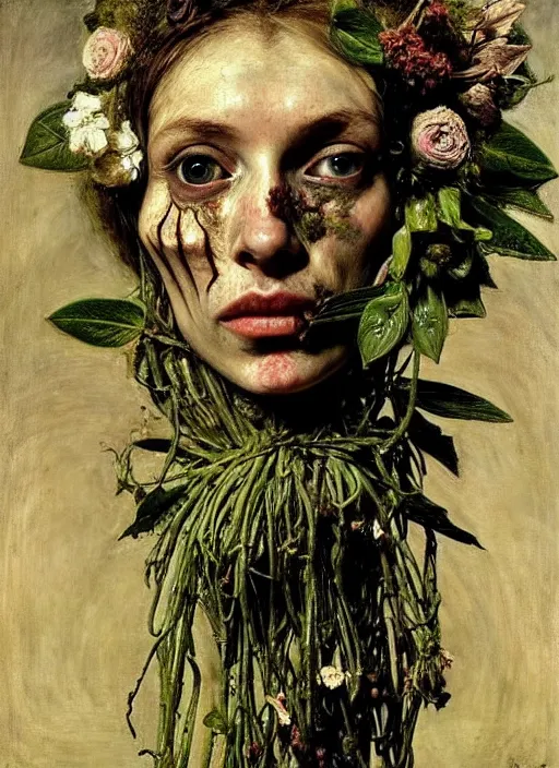 Prompt: beautiful and detailed rotten woman made of plants and many different types of flowers, muscles, intricate, organs, ornate, surreal, john constable, guy denning, gustave courbet, caravaggio, romero ressendi sorolla