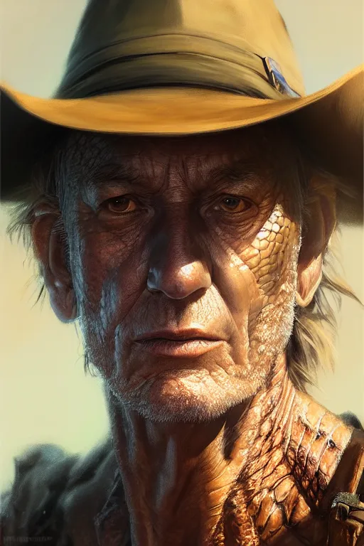 Image similar to ultra detailed close up facial portrait of crocodile dundee, extremely detailed digital painting, in the style of fenghua zhong and ruan jia and jeremy lipking and peter mohrbacher, mystical colors, rim light, beautiful lighting, 8 k, stunning scene, raytracing, octane, trending on artstation