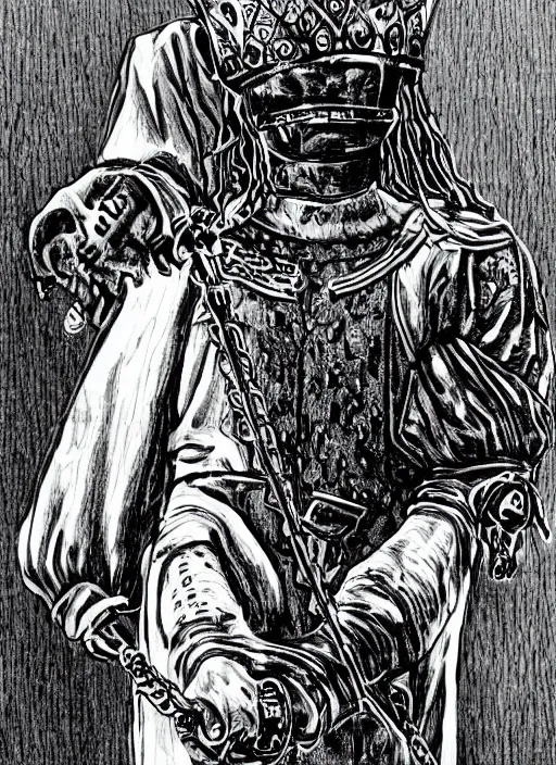 Image similar to Snoop Dogg as a knight, highly detailed, black and white, manga, art by Kentaro Miura