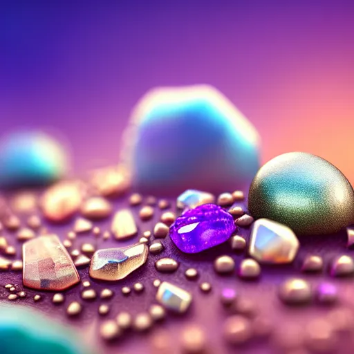 Prompt: macro photo of precious stones with fungal cultures and mold with little pastel coloured filaments, octane render, tilt shift, polarized light, ultrasharp focus, unreal engine 5, bokeh background, hyperrealism, vray