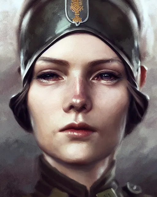 Image similar to beautiful nordic woman wearing world war 1 uniform, beautiful, detailed portrait, cell shaded, 4 k, concept art, by wlop, ilya kuvshinov, artgerm, krenz cushart, greg rutkowski, pixiv. cinematic dramatic atmosphere, sharp focus, volumetric lighting, cinematic lighting, studio quality