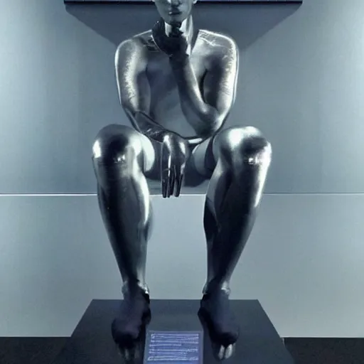 Image similar to “ a realistic detailed photo of a guy who is an attractive humanoid who is half robot and half humanoid, who is a male android, soccer player antoine griezmann, shiny skin, posing like a statue, blank stare, at the museum, on display ”