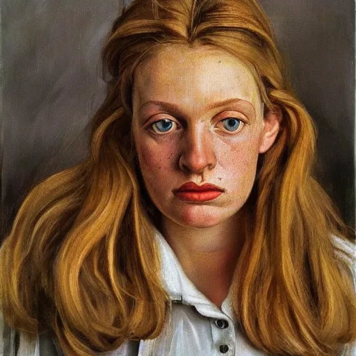 Prompt: high quality high detail painting by lucian freud, hd, portrait of a blonde, photorealistic lighting