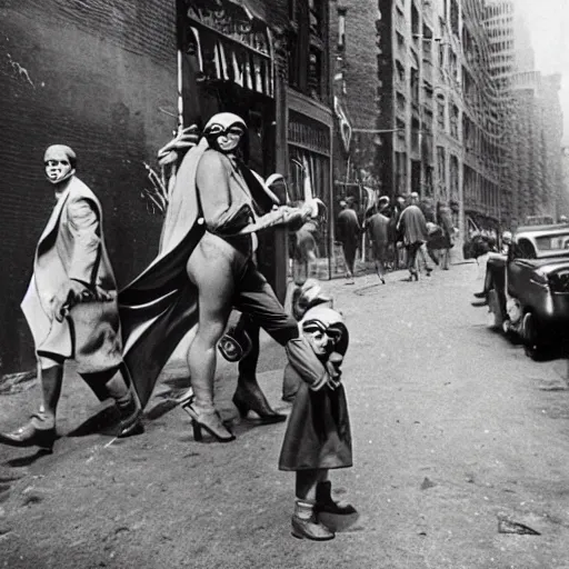 Image similar to 1 9 3 0 s photography of superheroes walking a new york alley