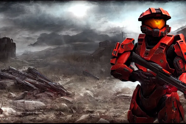 Prompt: halo 3 post - apocalyptic, red spartan, ingame render