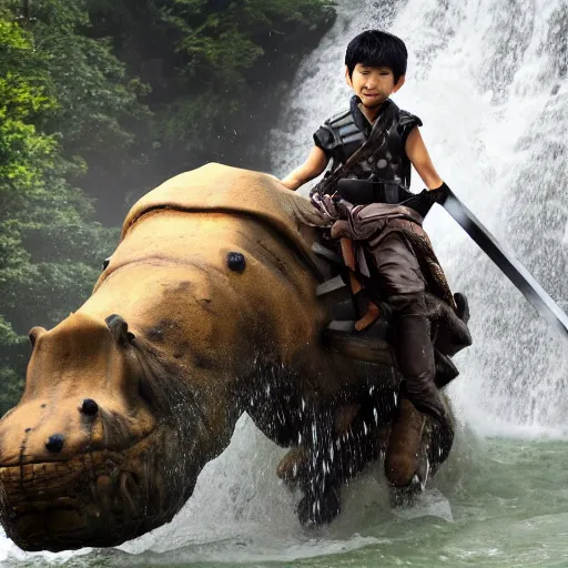 Image similar to a hd photo of skinny tan 1 0 year old half - asian boy with dark anime hair riding an armored hippo down a waterfall with a large sword in one hand and a shield in the other hand, photorealistic, high definition face, scowl on face