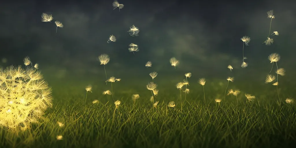 Prompt: disintegrated dandelion flowers in a soft breeze, fantasy concept art, mystical, smooth, sharp focus, volumetric lighting, in the style of the lord of the rings, artstation, cinematic color grading