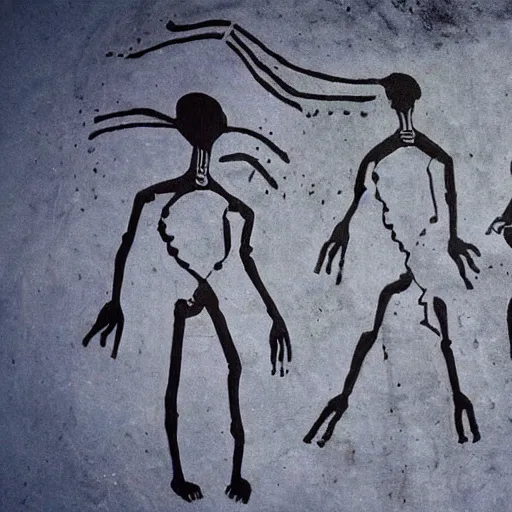 Prompt: Alien invasion in the style of a cave painting