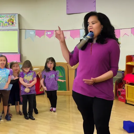 Prompt: ms rachel performing a song for an audience of preschoolers