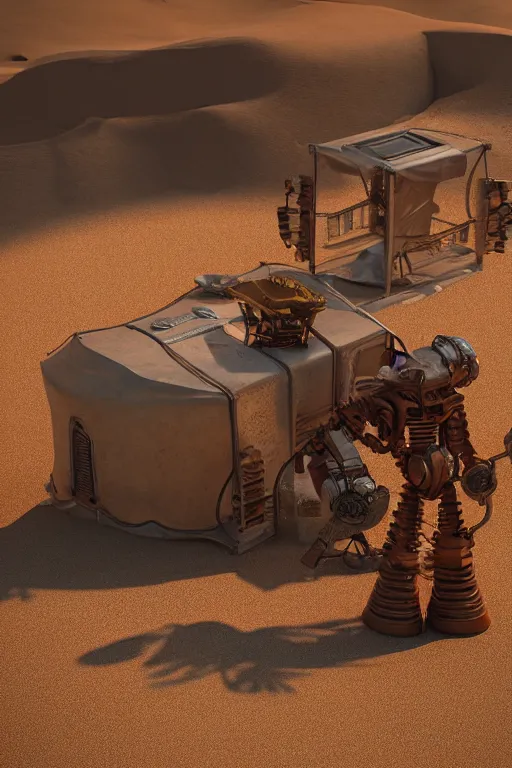 Prompt: rusty robot merchant in a desert tent selling parts, ultra realistic photograph, cinematic lighting, sand.