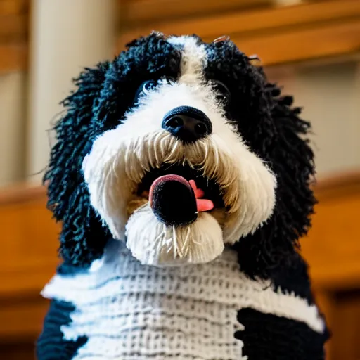 Image similar to a closeup photorealistic photograph of a cute smiling knitted bernedoodle judge dog dressed in a black gown, presiding over the courthouse. indoor image, professional capture, well lit shot. this 4 k hd image is trending on artstation, featured on behance, well - rendered, extra crisp, features intricate detail, epic composition and the style of unreal engine.