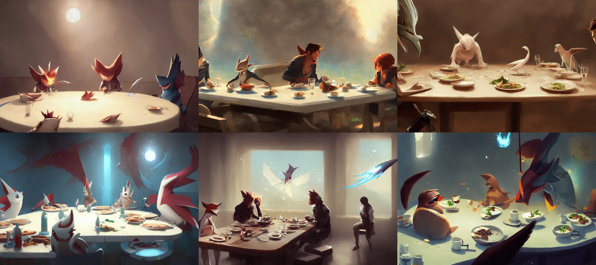 Prompt: latios and latias eating dinner at a table happiness is temporary by greg rutkowski