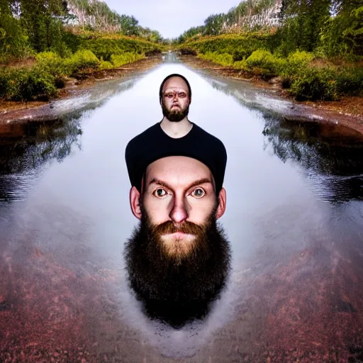 Image similar to the man's face is near a river with a reflection of himself, surreal portrait, surrealism, shot with nikon z9, natural light,