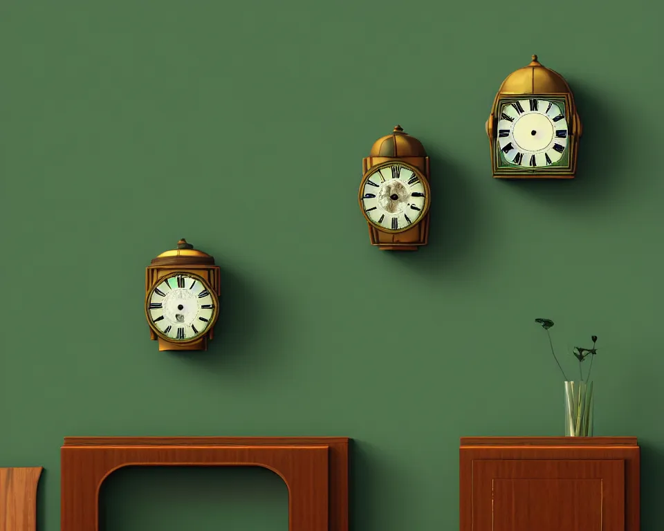 Image similar to an achingly beautiful print of Art Deco clocks on a dark green wall by Raphael, Hopper, and Rene Magritte. detailed, romantic, enchanting, trending on artstation.
