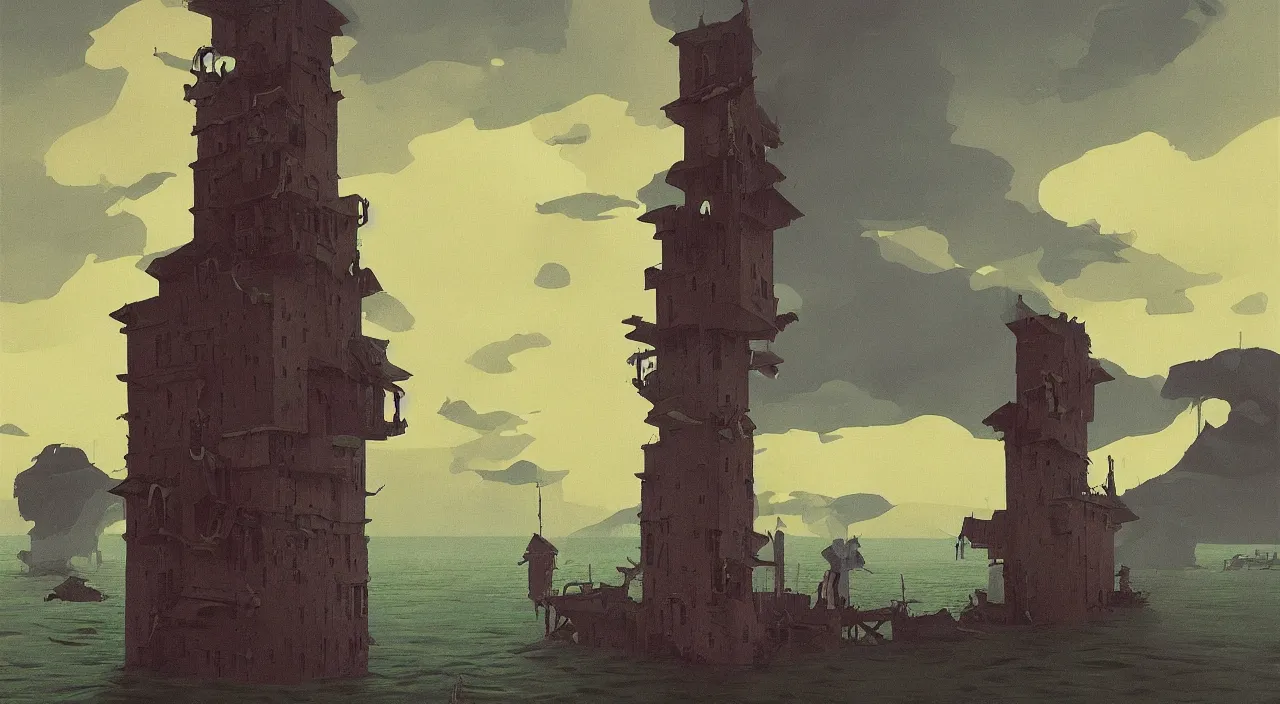 Prompt: single flooded simple wooden eldritch tower, very coherent and colorful high contrast!! masterpiece by rene magritte simon stalenhag carl spitzweg syd mead norman rockwell edward hopper james gilleard, minimalist, dark shadows, sunny day, hard lighting