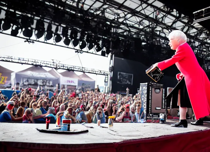 Prompt: photo still of queen elizabeth on stage at vans warped tour!!!!!!!! at age 7 0 years old 7 0 years of age!!!!!!! shredding a guitar on stage, 8 k, 8 5 mm f 1. 8, studio lighting, rim light, right side key light