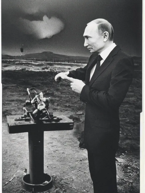 Image similar to Vladimir putin looking at an atomic bomb. polaroid. bleak.