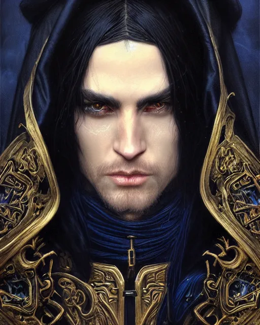 Image similar to handsome mage looking into the distance, long black hair wearing leather mantle gothic navy cloak with gold details, cave town, fantasy character portrait, hyperrealism, concept art, intricate details, highly detailed by greg rutkowski, ilya kuvshinov, gaston bussiere, craig mullins, simon bisley