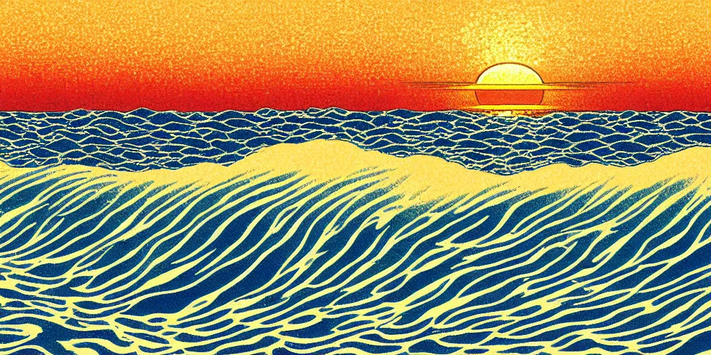 Image similar to Beautiful Impressionistic painting of an aesthetically pleasing, dynamic, energetic, lively, complex, intricate, detailed, well-designed digital art of a beach, ripples, waves, sea foam, and sunset. light and shadow, overlaid with aizome patterns, Shin-hanga style by Ohara Koson and Makoto Shinkai, traditional Japanese colors, superior quality, masterpiece, featured, trending, award winning, HDR, HD, UHD, 4K, 8K, anamorphic widescreen, cinematic, super high quality art, excellent use of negative space.