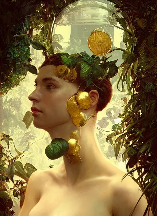 Image similar to hyper realistic photographer looking through a vintage medium format camera, design on white background, beautiful details, lush foliage cyberpunk, gold, drawn by john singer sargent, tom bagshaw, norman rockwell, alphonso mucha, lolish, trending on artstation