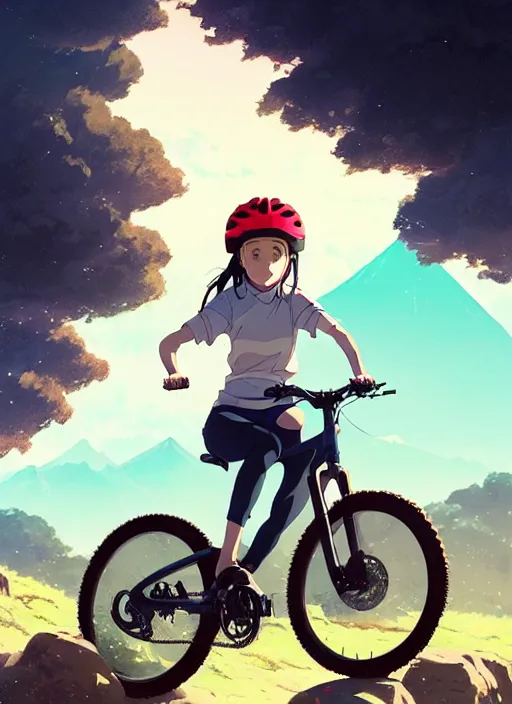 Image similar to portrait of girl riding electric mountain bike, sunny sky background, downhill landscape, illustration concept art anime key visual trending pixiv fanbox by wlop and greg rutkowski and makoto shinkai and studio ghibli and kyoto animation, symmetrical facial features, sports clothing, mountain bike helmet, volumetric lighting